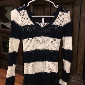 Long sleeve navy blue and white stripped shirt